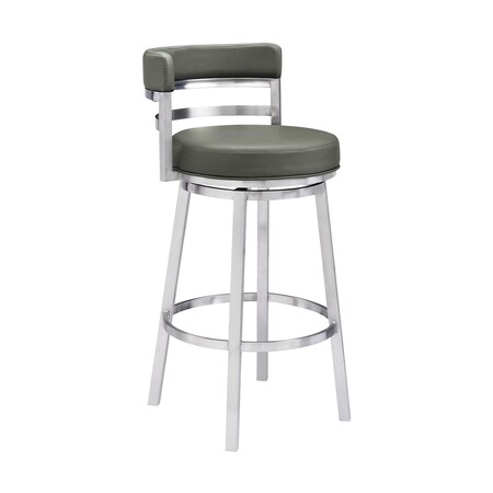 Armen Living Titana 30" Bar Height Swivel Gray Faux Leather and Brushed Stainless Steel Bar Stool 840254335066
